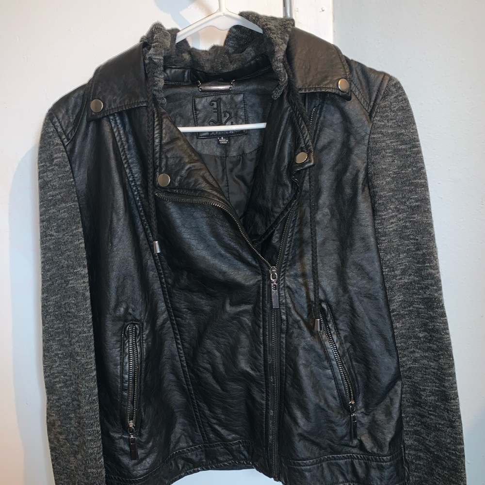 Leather jacket with removable hood
